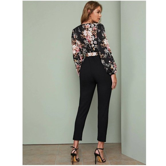 Surplice Neck Tie Waist Floral Jumpsuit - Picture 2 of 11